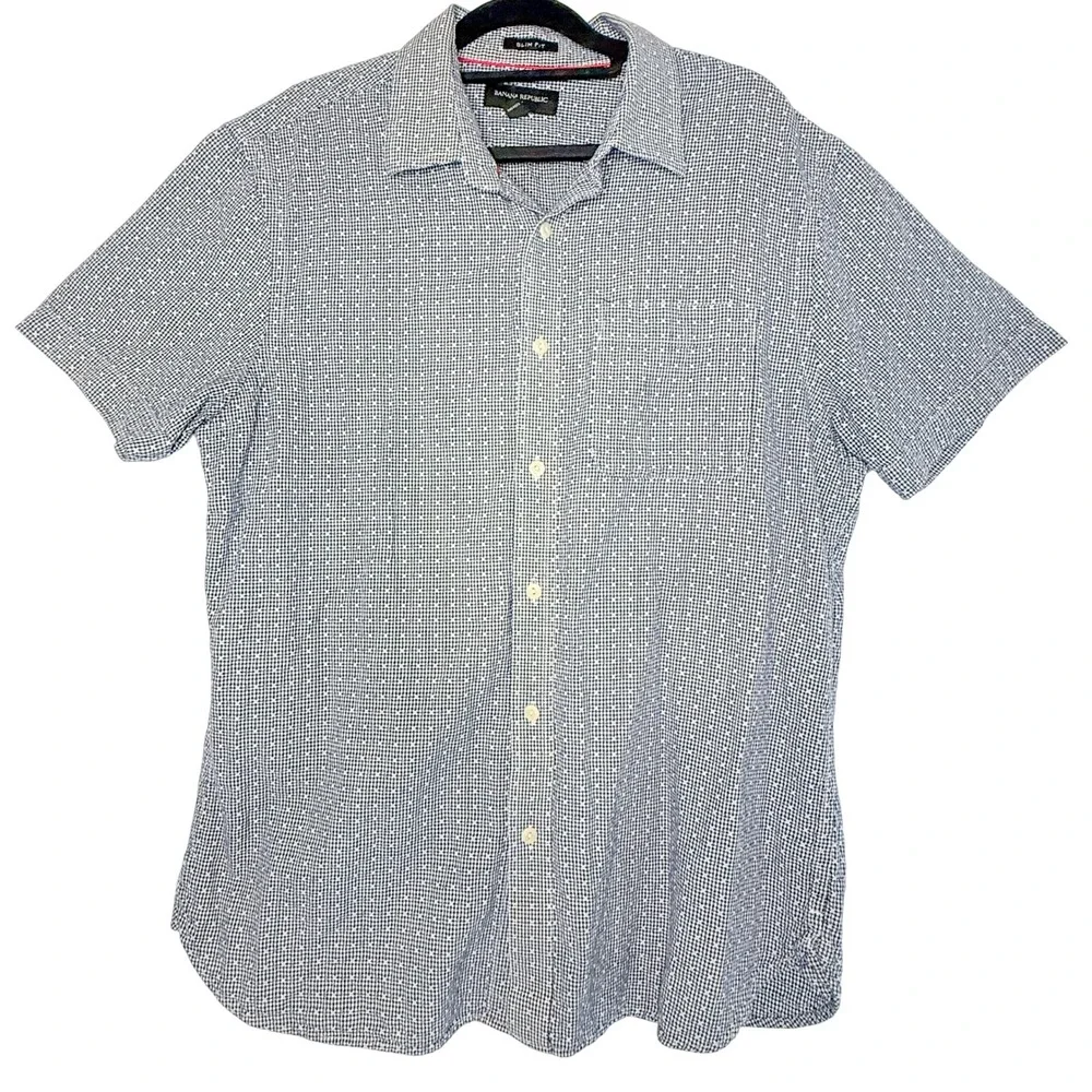 Banana Republic Mens L Slim Fit Blue Micro Check Cotton Short Sleeve Shirt
